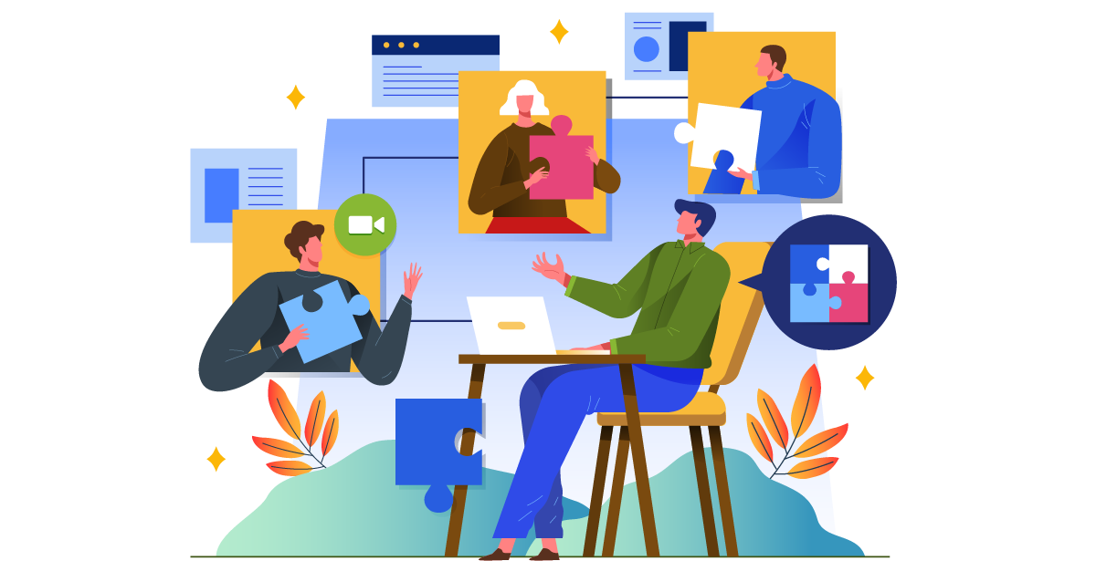 Illustration von fünf Personen, die über Videokonferenz und digitale Tools miteinander kommunizieren, dargestellt durch Puzzle-Teile als Symbol für Zusammenarbeit und Vernetzung.