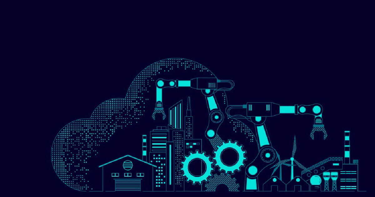 Eine Illustration einer Stadt, in der Roboter und Maschinen aktiv sind und die futuristische Technologie darstellen.