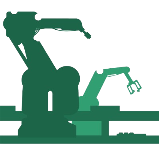 Das Bild zeigt zwei grüne Maschinen in einer Produktionsstätte