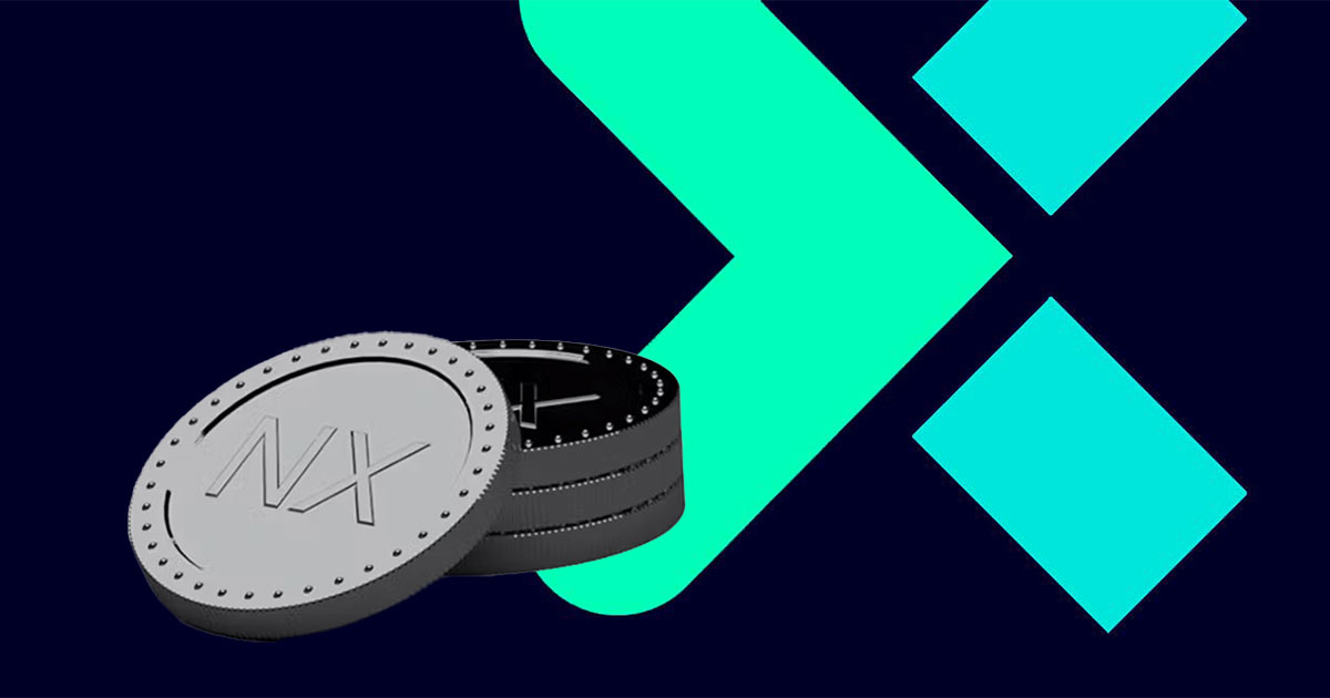 Münzen auf denen NX steht vor einem schwarzem Hintergrund mit einem großen blau-gruenem X