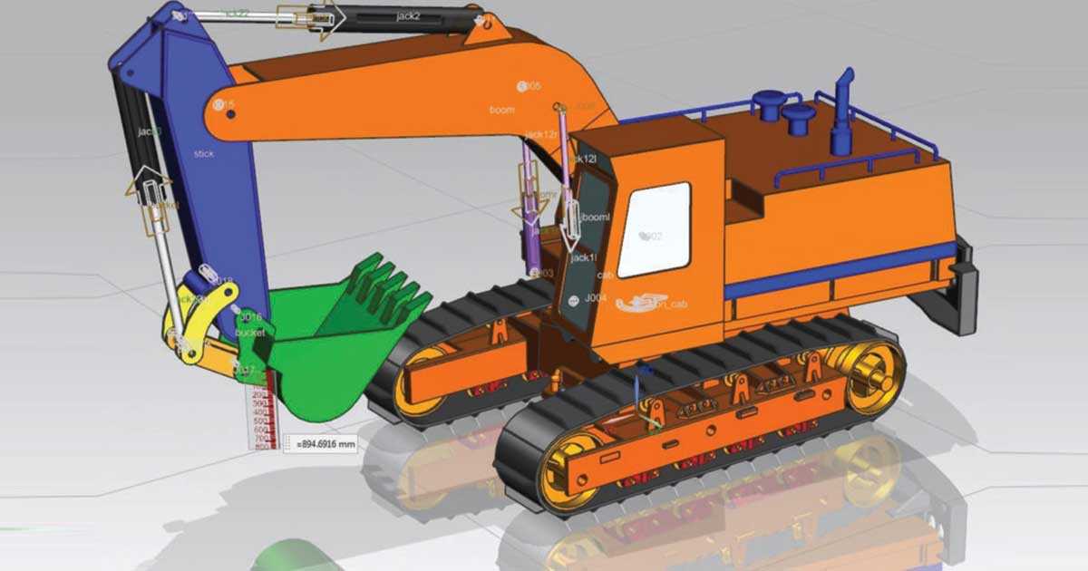 orangenes 3D-Modell eines Baggers