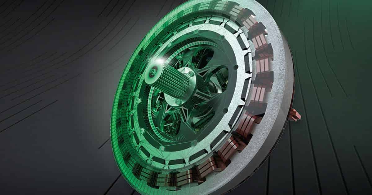 Ein grünes und schwarzes kreisförmiges Objekt auf dunklem Hintergrund.