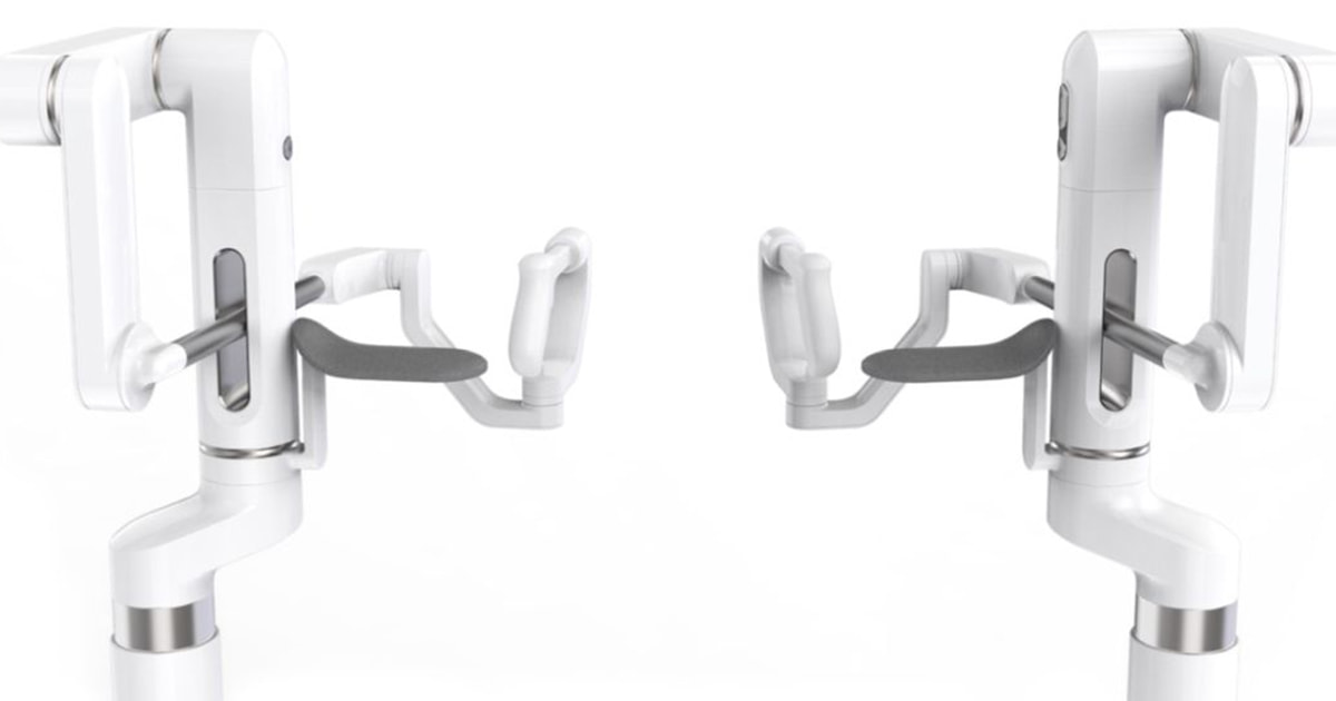 Zwei weiße und schwarze Roboterarme auf einem weißen Hintergrund.