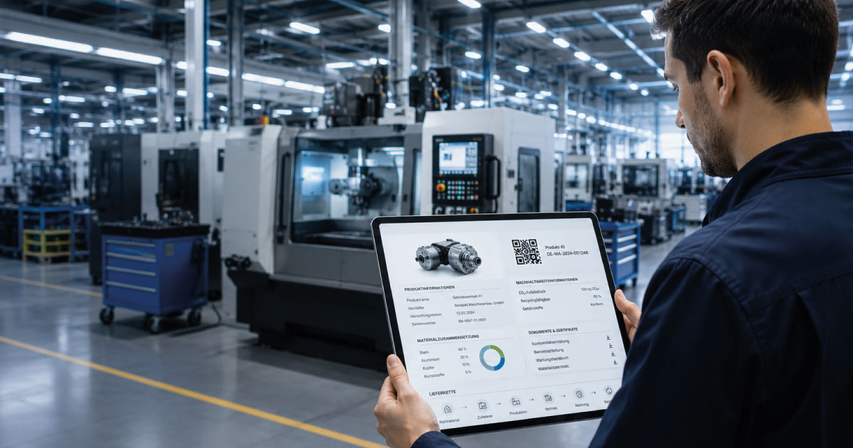 Mitarbeiter in einer modernen Produktionshalle betrachtet auf einem Tablet einen Digital Product Passport mit Produkt-, Material- und Nachhaltigkeitsinformationen.